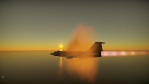 F-104 Starfighter breaks the sound barrier at sunset with its afterburner roaring