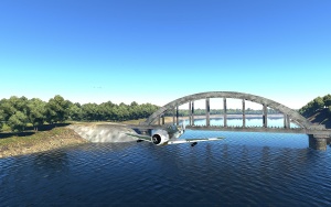 Fw 190 A-5 with rocket pods a few meters above the ground just after passing between the pillars of a bridge