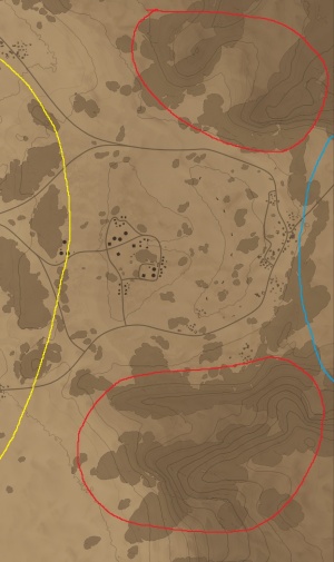 While pilots can use rock formation in the red areas as a cover to great success, they can find themselves unable to defeat frontal armor of enemies moving in the middle of the map. Instead, they can try to reach rock formations in the blue area where they can engage weaker side armor of the enemies while still using cover provided by rock formations. Pilots should avoid yellow areas - while it enables side shots, there's no cover to hide behind.